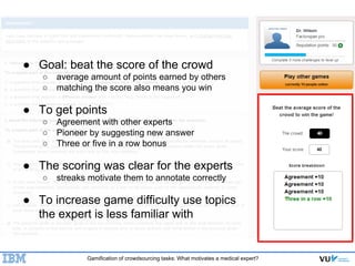 Gamification of crowdsourcing tasks: What motivates a medical expert?
● Goal: beat the score of the crowd
○ average amount...
