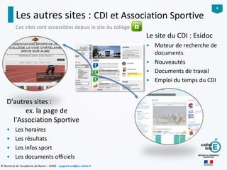 4
© Rectorat de l’académie de Reims – DANE - support-ent@ac-reims.fr
D'autres sites :
ex. la page de
l'Association Sportive
• Les horaires
• Les résultats
• Les infos sport
• Les documents officiels
Les autres sites : CDI et Association Sportive
Ces sites sont accessibles depuis le site du collège
Le site du CDI : Esidoc
• Moteur de recherche de
documents
• Nouveautés
• Documents de travail
• Emploi du temps du CDI
 