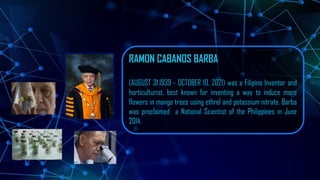 RAMON CABANOS BARBA
(AUGUST 31,1939 - OCTOBER 10, 2021) was a Filipino Inventor and
horticulturist, best known for inventing a way to induce more
flowers in mango trees using ethrel and potassium nitrate. Barba
was proclaimed a National Scientist of the Philippines in June
2014.
 
