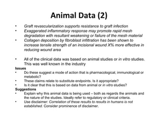 Animal Data (2) Graft revascularization supports resistance to graft infection Exaggerated inflammatory response may promote rapid mesh degradation with resultant weakening or failure of the mesh material Collagen deposition by fibroblast infiltration has been shown to increase tensile strength of an incisional wound X% more effective in reducing wound area  All of the clinical data was based on animal studies or  in vitro  studies. This was well known in the industry  Issues Do these suggest a mode of action that is pharmacological, immunological or metabolic? These claims relate to substitute endpoints. Is it appropriate? Is it clear that this is based on data from animal or  in vitro  studies? Suggestions Explain why this animal data is being used – both as regards the animals and the nature of the studies. Ideally refer to regulatory or clinical criteria. Use disclaimer:  Correlation of these results to results in humans is not established.  Consider prominence of disclaimer. 
