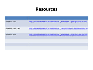 Resources Nefemed code http://www.nefemed.nl/attachments/007_Nefemed%20gedragscode%202009.pdf Nefemed code Q&A http://www.nefemed.nl/attachments/007_Gedragscode%20Begeleidingsdocument%20Q&A.pdf Nefemed flyer http://www.nefemed.nl/attachments/007_Nefemed%20Flyer%20Gedragscode.pdf 