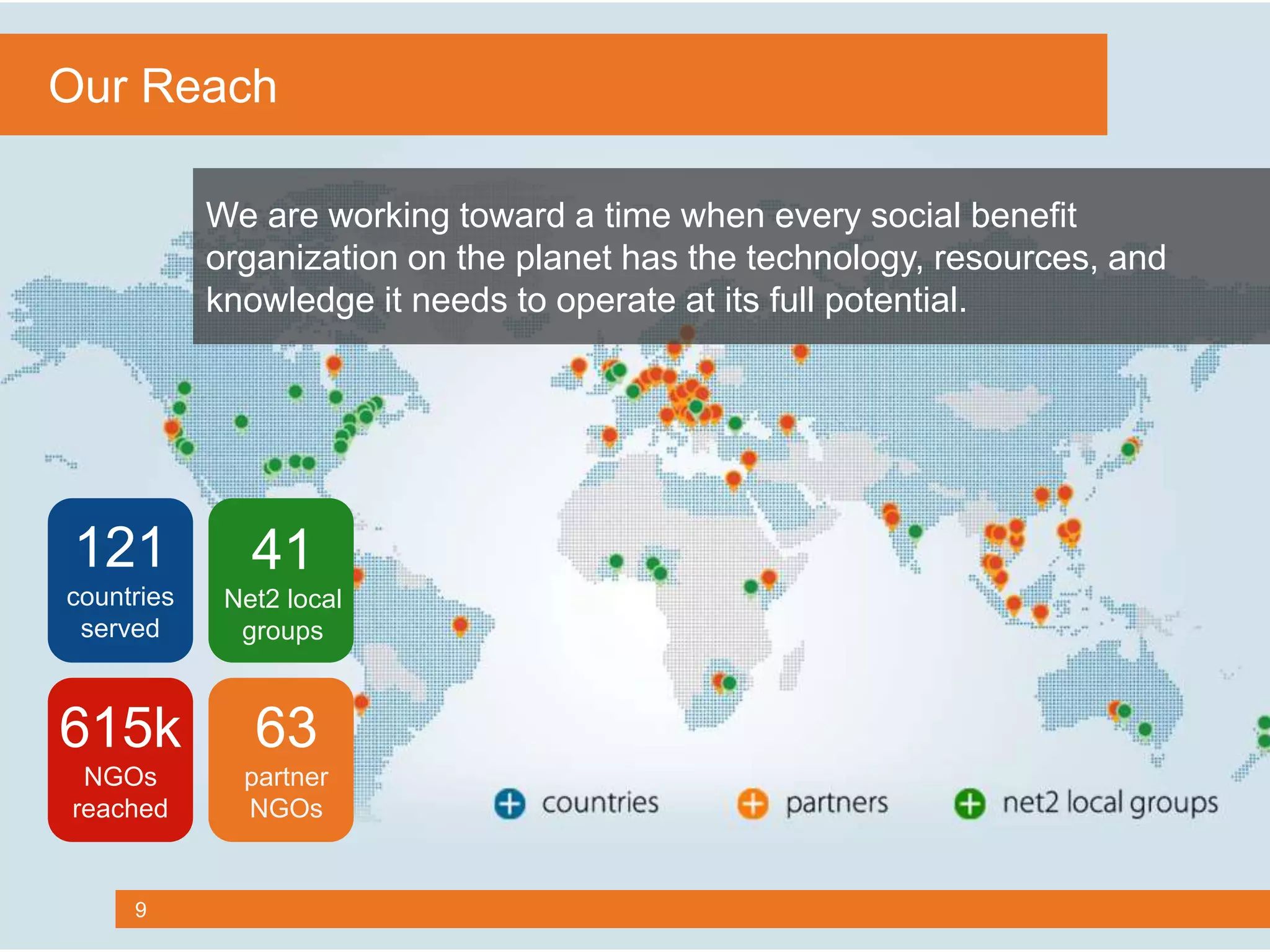 9
We are working toward a time when every social benefit
organization on the planet has the technology, resources, and
knowledge it needs to operate at its full potential.
121
countries
served
63
partner
NGOs
41
Net2 local
groups
615k
NGOs
reached
Our Reach
 