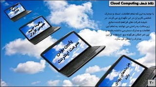 ‫مد‬ ‫و‬ ‫اسناد‬ ،‫اطالعات‬ ‫تمام‬ ‫که‬ ‫این‬ ‫به‬ ‫توجه‬ ‫با‬‫ارک‬
‫گردد‬ ‫می‬ ‫نگهداری‬ ‫ابر‬ ‫در‬ ‫کاربران‬ ‫شخصی‬.‫د‬‫ر‬
‫منابع‬ ‫کننده‬ ‫فراهم‬ ‫های‬ ‫شرکت‬ ‫نتیجه‬
‫ای‬ ‫تمام‬ ‫به‬ ‫توانند‬ ‫می‬ ‫راحتی‬ ‫به‬ ‫زیرساخت‬‫ن‬
‫باشند‬ ‫داشته‬ ‫دسترسی‬ ‫مدارک‬ ‫و‬ ‫اطالعات‬‫و‬
‫این‬ ‫از‬ ‫استفاده‬ ‫سوء‬ ‫هرگونه‬ ‫امکان‬ ‫امر‬ ‫این‬
‫سازد‬ ‫می‬ ‫ممکن‬ ‫را‬ ‫مدارک‬.
 