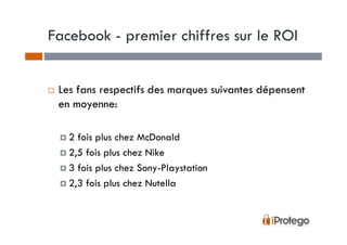 Facebook - premier chiffres sur le ROI


 Les fans respectifs des marques suivantes dépensent
 en moyenne:

   2 fois plus chez McDonald
   2,5 fois plus chez Nike
   3 fois plus chez Sony-Playstation
   2,3 fois plus chez Nutella
 