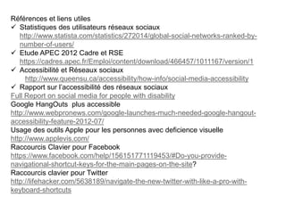 Références et liens utiles
 Statistiques des utilisateurs réseaux sociaux
http://www.statista.com/statistics/272014/global-social-networks-ranked-by-
number-of-users/
 Etude APEC 2012 Cadre et RSE
https://cadres.apec.fr/Emploi/content/download/466457/1011167/version/1
 Accessibilité et Réseaux sociaux
http://www.queensu.ca/accessibility/how-info/social-media-accessibility
 Rapport sur l’accessibilité des réseaux sociaux
Full Report on social media for people with disability
Google HangOuts plus accessible
http://www.webpronews.com/google-launches-much-needed-google-hangout-
accessibility-feature-2012-07/
Usage des outils Apple pour les personnes avec deficience visuelle
http://www.applevis.com/
Raccourcis Clavier pour Facebook
https://www.facebook.com/help/156151771119453/#Do-you-provide-
navigational-shortcut-keys-for-the-main-pages-on-the-site?
Raccourcis clavier pour Twitter
http://lifehacker.com/5638189/navigate-the-new-twitter-with-like-a-pro-with-
keyboard-shortcuts
 