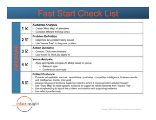 Fast Start Check List
               Audience Analysis
          1   •  Create “Mind Map” of attendees
               •  Consider different thinking styles
               Problem Definition
          2   •  Determine key problem being solved
               •  Use “Issues Tree” to diagnose problem
PREPARE




               Action Outcome
          3   •  Conduct “Outcomes Analysis”
               •  Use “From-To Think-Do Matrix”©
               Venue Analysis
               •  Apply appropriate principles to slides based on venue
          4         •  Ballroom style
                     •  Conference room style
               Collect Evidence
               •  Consider all available sources: quantitative, qualitative, competitive intelligence, business results
                  and intelligence, trends, prior work
          5   •  Assess inclusion of evidence based on extent to which it moves problem-solution forward
               •  Use “Topic Map” to relate specific evidence to support or refute elements from “Issues Tree”
               •  Use storyboarding to layout the problem and solution and supporting evidence
               •  Use reflection effectively




                                                                                   Copyright © 2009 Infact Insight Inc. All rights reserved worldwide.
 