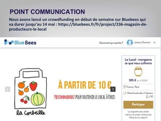 31
POINT COMMUNICATION
Nous avons lancé un crowdfunding en début de semaine sur Bluebees qui
va durer jusqu’au 14 mai : https://bluebees.fr/fr/project/236-magasin-de-
producteurs-le-local
 