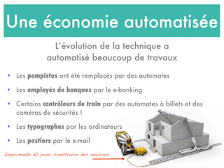 Une économie automatisée
L’évolution de la technique a
automatisé beaucoup de travaux
• Les pompistes ont été remplacés pa...