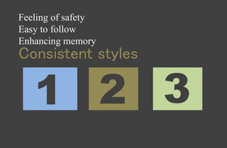 Consistent styles
Feeling of safety
Easy to follow
Enhancing memory
1
3
1
2
1
 