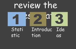 review the
presentation
1
3
1
2
1
Stati
stic
Introduc
tion
Ide
as
 