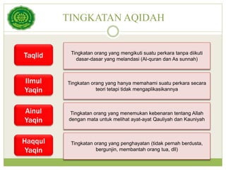 TINGKATAN AQIDAH
Tingkatan orang yang mengikuti suatu perkara tanpa diikuti
dasar-dasar yang melandasi (Al-quran dan As sunnah)
Tingkatan orang yang hanya memahami suatu perkara secara
teori tetapi tidak mengaplikasikannya
Tingkatan orang yang menemukan kebenaran tentang Allah
dengan mata untuk melihat ayat-ayat Qauliyah dan Kauniyah
Tingkatan orang yang penghayatan (tidak pernah berdusta,
bergunjin, membantah orang tua, dll)
Taqlid
Ilmul
Yaqin
Ainul
Yaqin
Haqqul
Yaqin
 
