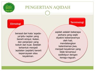 PENGERTIAN AQIDAH
Etimologi
Terminologi
berasal dari kata ‘aqada-
ya’qidu-‘aqdan yang
berarti simpul, ikatan,
dan perjanjian yang
kokoh dan kuat. Setelah
terbentuk menjadi
‘aqidatan (aqidah) berarti
kepercayaan atau
keyakinan.
aqidah adalah beberapa
perkara yang wajib
diyakini kebenarannya
oleh hati,
mendatangkan
ketentraman jiwa,
menjadi keyakinan yang
tidak tercampur
sedikitpun dengan
keragu-raguan.
 