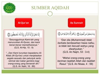 SUMBER AQIDAH
“Sesungguhnya Kami-lah yang
menurunkan Al-Quran, dan kami
benar-benar memeliharanya.”
(Q.S. Al-Hijr, 15 : 9)
“...Dan Kami turunkan kepadamu Al-
Kitab (Al-Qur'an) untuk menjelaskan
segala sesuatu dan petunjuk serta
rahmat dan kabar gembira bagi
orang-orang yang berserah diri.”
(Q.S. Al- Nahl, 16 : 89)
“Dan dia (Muhammad) tidak
berkata berdasarkan hawa nafsu,
ia tidak lain kecuali wahyu yang
diwahyukan.”
(Q.S. An Najm, 53 : 3-4)
“Wahai orang-orang yang
beriman taatilah Allah dan taatilah
Rasul.” (Q.S. An Nisaa, 4 : 59)
Al-Qur’an As Sunnah
 