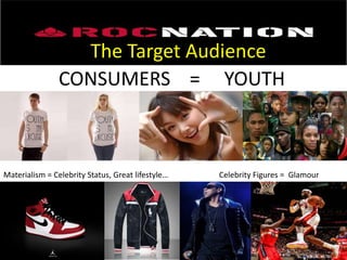 The Target Audience
Materialism = Celebrity Status, Great lifestyle… Celebrity Figures = Glamour
CONSUMERS = YOUTH
 