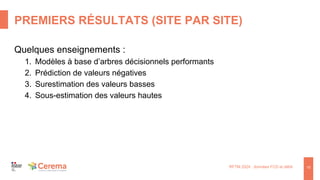 PREMIERS RÉSULTATS (SITE PAR SITE)
RFTM 2024 : données FCD et débit 15
Quelques enseignements :
1. Modèles à base d’arbres décisionnels performants
2. Prédiction de valeurs négatives
3. Surestimation des valeurs basses
4. Sous-estimation des valeurs hautes
 