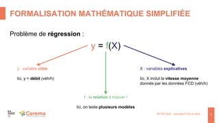 FORMALISATION MATHÉMATIQUE SIMPLIFIÉE
RFTM 2024 : données FCD et débit 6
y = f(X)
y : variable cible
Ici, y = débit (véh/h)
X : variables explicatives
Ici, X inclut la vitesse moyenne
donnée par les données FCD (véh/h)
f : la relation à trouver !
Ici, on teste plusieurs modèles
Problème de régression :
 