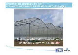 EVOLUTION DES SERRES DE 1970 A 2011
LES ANNEES 80 PREMIERES SERRES MULTICHAPELLES BASSES




         Multi chapelle 6,40m hauteur sous
          chéneaux 2,50m V: 3,52m3/m²
 