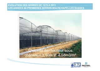 EVOLUTION DES SERRES DE 1970 A 2011
LES ANNEES 80 PREMIERES SERRES MULTICHAPELLES BASSES




             Chapelle 8m hauteur sous
           chéneaux 3,50m V: 4,58m3/m²
 