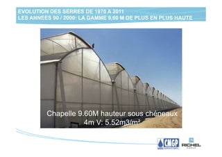 EVOLUTION DES SERRES DE 1970 A 2011
LES ANNEES 90 / 2000: LA GAMME 9,60 M DE PLUS EN PLUS HAUTE




         Chapelle 9.60M hauteur sous chéneaux
                    4m V: 5.52m3/m²
 