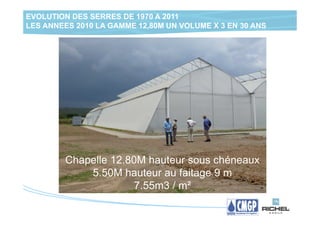 EVOLUTION DES SERRES DE 1970 A 2011
LES ANNEES 2010 LA GAMME 12,80M UN VOLUME X 3 EN 30 ANS




        Chapelle 12.80M hauteur sous chéneaux
            5.50M hauteur au faitage 9 m
                      7.55m3 / m²
 