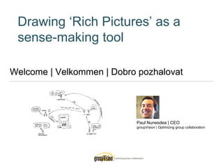 Welcome | Velkommen | Dobro pozhalovat
Drawing ‘Rich Pictures’ as a
sense-making tool
Paul Nunesdea | CEO
groupVision | Optimizing group collaboration
 