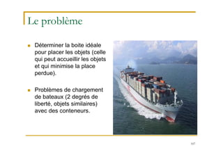 107
Le problème
 Déterminer la boite idéale
pour placer les objets (celle
qui peut accueillir les objets
et qui minimise la place
perdue).
 Problèmes de chargement
de bateaux (2 degrés de
liberté, objets similaires)
avec des conteneurs.
 