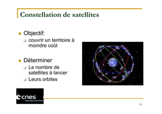 120
Constellation de satellites
 Objectif:
 couvrir un territoire à
moindre coût
 Déterminer
 Le nombre de
satellites à lancer
 Leurs orbites
 