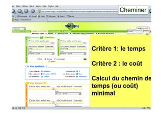 13
Critère 1: le temps
Critère 2 : le coût
Calcul du chemin de
temps (ou coût)
minimal
Cheminer
 