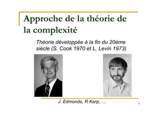 26
Approche de la théorie de
la complexité
Théorie développée à la fin du 20ème
siècle (S. Cook 1970 et L. Levin 1973)
J. Edmonds, R Karp, …
 