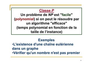 36
Classe P
Un problème de NP est "facile"
(polynomial) si on peut le résoudre par
un algorithme "efficace"
(temps polynomial en fonction de la
taille de l’instance)
Exemples
•L'existence d'une chaîne eulérienne
dans un graphe
•Vérifier qu'un nombre n'est pas premier
 