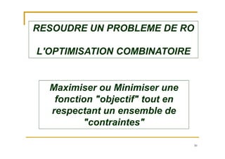 50
RESOUDRE UN PROBLEME DE RO
L'OPTIMISATION COMBINATOIRE
Maximiser ou Minimiser une
fonction "objectif" tout en
respectant un ensemble de
"contraintes"
 