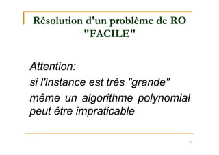 57
Résolution d'un problème de RO
"FACILE"
Attention:
si l'instance est très "grande"
même un algorithme polynomial
peut être impraticable
 