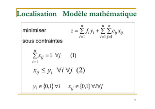 73
minimiser
sous contraintes
  
  

n
i
n
i
n
j
ijijii xcyfz
1 1 1
)1(1
1
jx
n
i
ij 

)2(jiyx iij 
    jixiy iji  1,01,0
Localisation Modèle mathématique
 