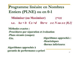 82
Algorithmes approchés à
garantie de performance a priori
Programme linéaire en Nombres
Entiers (PLNE) ou en 0-1
Méthodes exactes :
-Procédures par séparation et évaluation
-Plans sécants (coupes)
-Etc.
Minimiser (ou Maximiser) z=cx
s.c. Ax < b Cx >d Dx=e x N ou x {0,1}
Algorithmes approchés :
-Heuristiques
-Bornes inférieures
 