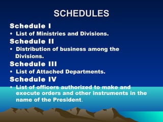 SCHEDULES
Schedule I
• List of Ministries and Divisions.
Schedule II
• Distribution of business among the
  Divisions.
Schedule III
• List of Attached Departments.
Schedule IV
• List of officers authorized to make and
  execute orders and other instruments in the
  name of the President.
 