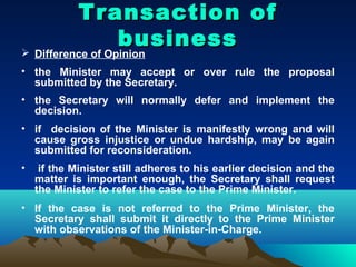 Transaction of
                  business
 Difference of Opinion
• the Minister may accept or over rule the proposal
  submitted by the Secretary.
• the Secretary will normally defer and implement the
  decision.
• if decision of the Minister is manifestly wrong and will
  cause gross injustice or undue hardship, may be again
  submitted for reconsideration.
•    if the Minister still adheres to his earlier decision and the
    matter is important enough, the Secretary shall request
    the Minister to refer the case to the Prime Minister.
• If the case is not referred to the Prime Minister, the
  Secretary shall submit it directly to the Prime Minister
  with observations of the Minister-in-Charge.
 