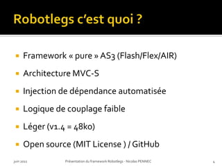 Robotlegs c’est quoi ?<br />Framework « pure » AS3 (Flash/Flex/AIR)<br />Architecture MVC-S<br />Injection de dépendance a...