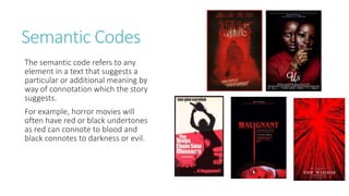 Semantic Codes
The semantic code refers to any
element in a text that suggests a
particular or additional meaning by
way of connotation which the story
suggests.
For example, horror movies will
often have red or black undertones
as red can connote to blood and
black connotes to darkness or evil.
 