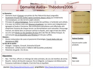 Le Domaine :
• Domaine situé à Creissan aux portes du Parc Naturel du Haut Languedoc.
• Seulement 4 ha de très vieilles vignes (certaines depuis 1911) aux rendements
microscopiques, sur des terroirs argilo-calcaire.
• Principes de culture biologique. Aucun produit de synthèse, ni herbicide sont utilisés.
• A la cave, les maîtres mots sont douceur et patience. Les raisins sont intégralement
égrappés et foulés à l’ancienne. Des vinifications parcellaires sont effectuées afin
d’exprimer l’essence de chaque terroir. Les fermentations sont naturelles. Pressurage
manuel, est réalisé dans un pressoir vertical à cliquets, avec cage en bois de chêne
• Les vins sont élevés sur lies pendant 24 mois dans des fûts de chênes français. Ils
sont ensuite mis en bouteilles sans filtration et très peu sulfités.
Histoire :
• Ancien restaurateur de cuves et passionné d’oenologie, Franck Avéla créé son
domaine en 2002
Le Vin de la soirée :
• Cépages : Carignan, Cinsault, Grenache & Syrah
• Rendement : 15hl/ha (entre 3 500et 6 500 bouteilles produites)
• Potention de garde : 8 à 10 ans
sources: http://www.demainlesvins.com/- propriétaire: http://www.domaineavela.com/
Dégustation:
• Nez : Très frais, offrant un mélange de notes animales, de cuir, de menthol, de cerise.
• Bouche : texture de bouche soyeuse, fine et élégante. La longueur est éblouissante.
Puissance maîtrisée et intégrée. C'est très frais et équilibré.
Autres Cuvées:
Aucune autre cuvée
produite.
Domaine Avéla– Théodore2006
Notes:
Non noté
 