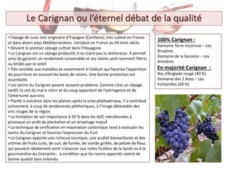 Le Carignan ou l’éternel débat de la qualité
• Cépage de cuve noir originaire d’Espagne (Cariñena), très cultivé en France
et dans divers pays Méditerranéens. Introduit en France au XII ème siècle.
• Devient le premier cépage cultivé dans l’Hexagone.
• Le Carignan est un cépage productif, il ne craint pas la sécheresse. Il permet
ainsi de garantir un rendement convenable et ses raisins sont rarement flétris
ou brûlés par le soleil
• Très sensible aux maladies et notamment à l’oïdium qui favorise l’apparition
de pourriture en ouvrant les baies de raisins. Une bonne protection est
essentielle.
• Les tanins du Carignan posent souvent problème. Comme c’est un cépage
tardif, ils ont du mal à mûrir et du coup apportent de l’astringence et de
l’amertume aux vins.
• Planté à outrance dans les plaines après la crise phylloxérique, il a contribué
activement, à coup de rendements pléthoriques, à l’image détestable des
vins rouges de la région
• La limitation de son importance à 30 % dans les AOC méridionales à
provoqué un arrêt de plantation et un arrachage massif
• La technique de vinification en macération carbonique tend à assouplir les
tanins du Carignan et favorise l’expression du fruit
• Le Carignan apporte une richesse tannique, une acidité bienveillante et des
arômes de fruits cuits, de cuir, de fumée, de viande grillée, de pétale de fleur,
qui peuvent idéalement venir s’associer aux notes fruitées de la Syrah ou à la
gourmandise du Grenache… à condition que les raisins apportés soient de
bonne qualité bien entendu
100% Carignan :
Domaine Terre Inconnue – Les
Bruyères
Domaine de la Garance – Les
Armières
En majorité Carignan :
Roc d’Anglade rouge (40 %)
Domaine des 2 Anes – Les
Fontanilles (60 %)
 