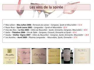 Les vins de la soirée
 Mas Jullien – Mas Jullien 2006 –Terrasses du Larzac – Carignan, Syrah et Mourvèdre – 51 €
 Peyre Rose – Syrah Leone 2005 – Languedoc – Syrah et Mourvèdre - 65 €
 Clos des fées – Le Clos 2005 – Côtes du Roussillon - Syrah, Grenache, Carignan, Mourvèdre – 50 €
 Avéla – Théodore 2006 – Vin de Table - Carignan, Cinsault, Grenache et Syrah – 45 €
 Gauby – Vieilles Vignes 2007 – Côtes du Roussillon - Carignan, Syrah, Grenache, Mourvèdre – 36 €
 Les Aurelles – Aurel 2009 – Pézenas Languedoc - Mourvèdre, Syrah, Grenache – 37 €
 