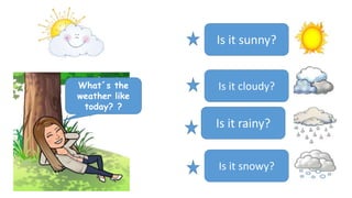 What´s the
weather like
today? ?
Is it sunny?
Is it rainy?
Is it cloudy?
Is it snowy?
 
