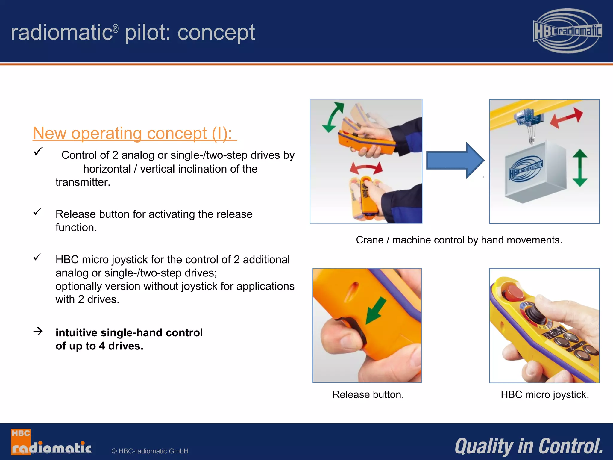 © HBC-radiomatic GmbH
New operating concept (I):
 Control of 2 analog or single-/two-step drives by
horizontal / vertical inclination of the
transmitter.
 Release button for activating the release
function.
 HBC micro joystick for the control of 2 additional
analog or single-/two-step drives;
optionally version without joystick for applications
with 2 drives.
 intuitive single-hand control
of up to 4 drives.
Release button. HBC micro joystick.
Crane / machine control by hand movements.
radiomatic®
pilot: concept
 