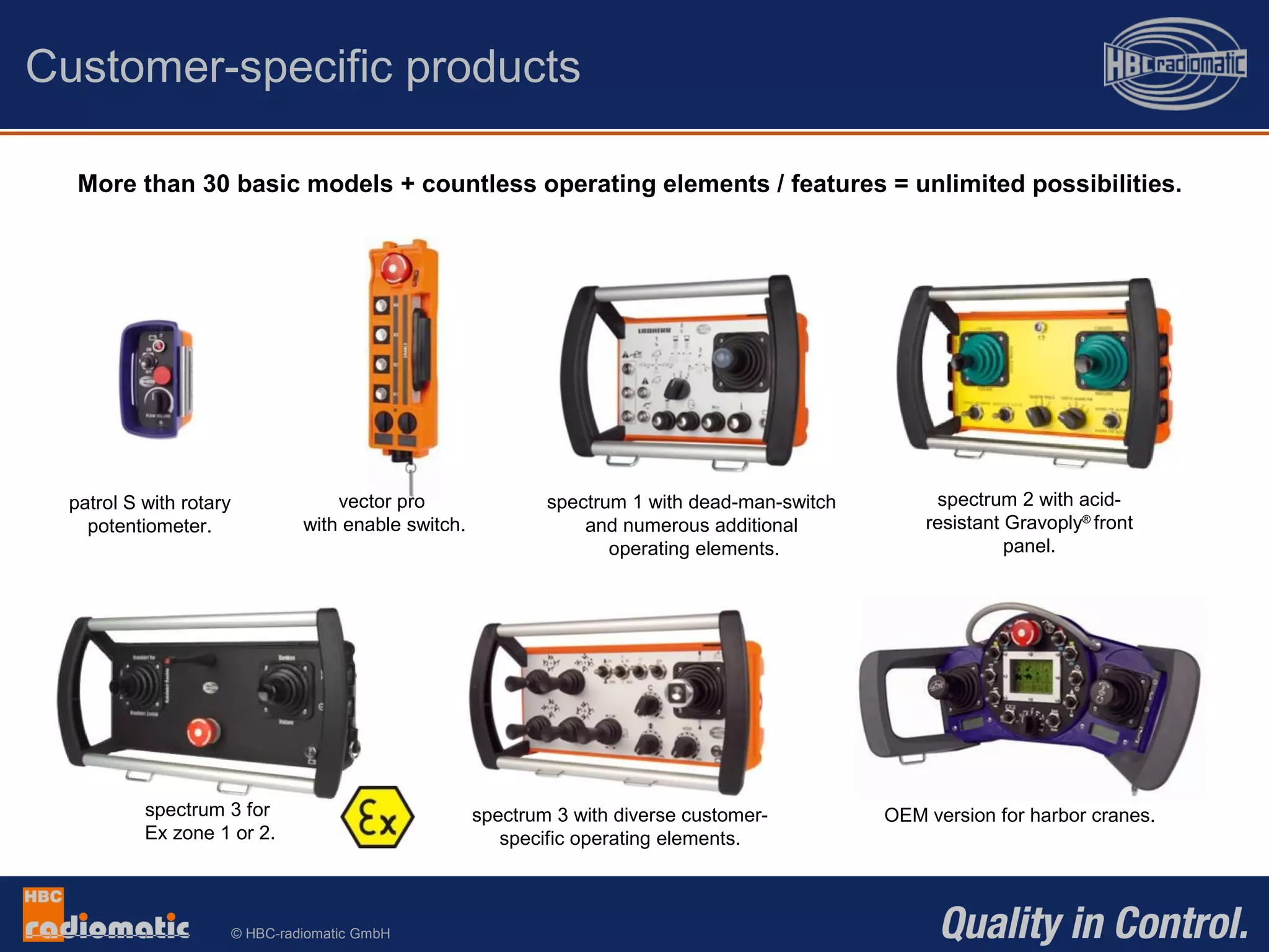 © HBC-radiomatic GmbH
spectrum 3 for
Ex zone 1 or 2.
spectrum 2 with acid-
resistant Gravoply®
front
panel.
spectrum 1 with dead-man-switch
and numerous additional
operating elements.
More than 30 basic models + countless operating elements / features = unlimited possibilities.
spectrum 3 with diverse customer-
specific operating elements.
OEM version for harbor cranes.
patrol S with rotary
potentiometer.
vector pro
with enable switch.
Customer-specific products
 