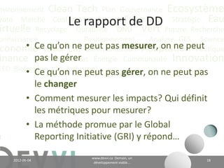 nvironnement Clean Tech Plan Gouvernance Écosystème
yoto Marché Conférence CO2 éq Futuriste Stratégie Eau
                                    La RSE
irtuelle Recyclage Durabilité ONU Vert Future Recherche
onnaissance              Positionnement     Analyse GES Science
        • La responsabilité sociale en entreprise est une
 conomie Valeur inclusive du développement durable Politique
          approche CH4 Communication Adaptation
inance Actualité Climat Énergie Communauté Innovation
          dans votre contexte d’affaires;
EED Biologique Vie Industriel
           • Elle n’est pas une mode ni une action sur votre
             image marketing;
           • Elle représente une nécessité dans un monde où
             de plus en plus de clients, et de donneurs d’ordres
             s’affairent à « responsabiliser » leurs achats;
           • Intégrer la RSE c’est sortir d’un silence impuissant
             face aux défis globaux en adoptant des actions
             reflétant des solutions locales adaptées.
                                      www.devvi.ca
    2012-06-07                                                      18
                            Demain, un développement viable...
 