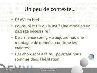 nvironnement Clean Tech Plan Gouvernance Écosystème
yoto Marché Conférence CO2 éq Futuriste Stratégie Eau
                  Un peu de contexte…
irtuelle Recyclage Durabilité ONU Vert Future Recherche
onnaissance             Positionnement Analyse GES Science
        • DEVVI en bref…
 conomie Valeur CH4 Communication Adaptation Politique
        • Pourquoi le DD ou la Communauté Innovation
inance Actualité Climat Énergie RSE? Une mode ou un
EED Biologique Vie Industriel
          passage nécessaire?
           • De « silence spring » à aujourd’hui, une
             montagne de données confirme les
             craintes;
           • Des choix sont à faire… pourtant nous
             sommes dans l’hésitation.
                                   www.devvi.ca
    2012-06-07                                                2
                         Demain, un développement viable...
 