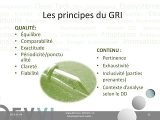 nvironnement Clean Tech Plan Gouvernance Écosystème
yoto Marché Conférence CO2 éq Futuriste Stratégie Eau
irtuelle Recyclage Durabilité ONU Vert Future Recherche
onnaissance             Positionnement Analyse GES Science
 conomie Valeur CH4 Communication Adaptation Politique
inance Actualité Climat Énergie Communauté Innovation
EED Biologique Vie Industriel




                                www.devvi.ca
    2012-06-07                                             22
                      Demain, un développement viable...
 