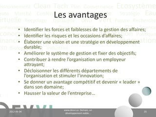 nvironnement Clean Tech Plan Gouvernance Écosystème
yoto Marché Conférence CO2 éq Futuriste Stratégie Eau
                 Niveau d’application
irtuelle Recyclage Durabilité ONU Vert Future Recherche
onnaissance             Positionnement Analyse GES Science
 conomie Valeur CH4 Communication Adaptation Politique
inance Actualité Climat Énergie Communauté Innovation
EED Biologique Vie Industriel




                                www.devvi.ca
    2012-06-07                                             25
                      Demain, un développement viable...
 