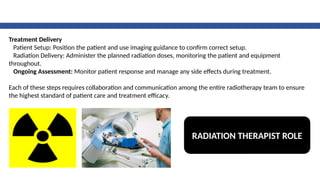 Treatment Delivery
Patient Setup: Position the patient and use imaging guidance to confirm correct setup.
Radiation Delivery: Administer the planned radiation doses, monitoring the patient and equipment
throughout.
Ongoing Assessment: Monitor patient response and manage any side effects during treatment.
Each of these steps requires collaboration and communication among the entire radiotherapy team to ensure
the highest standard of patient care and treatment efficacy.
RADIATION THERAPIST ROLE
 