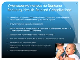30

Уменьшение неявок по болезни
Reducing Health-Related Cancellations
 Неявки по состоянию здоровья могут быть сокращены, так как ребенок с
  небольшим недомоганием может участвовать в уроке

 Отсутствует риск заразить специалиста

 Может уменьшиться риск передать хроническое заболевание другим, что
  понижает риск проблем со здоровьем

 Уменьшается количество неявок семей на сеансы УТ

   Health-related cancellations can be reduced when the child only has a minor illness and can still participate


   Doesn’t expose the early interventionist to illnesses


   Can decrease exposure of chronic health conditions to others, reducing the risk of
    health problems


   Decreased cancellations for families participating in TI
 